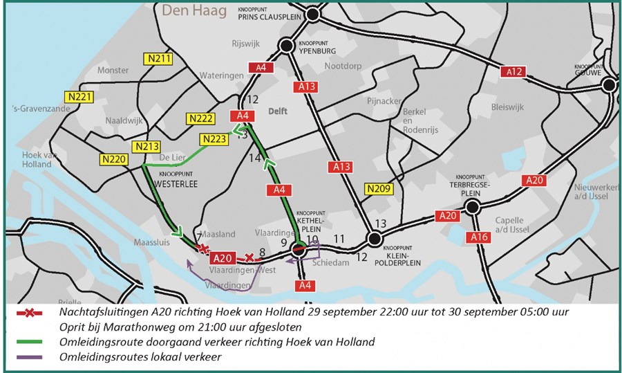 Bericht Extra nachtafsluiting A20 richting Hoek van Holland tussen Vlaardingen-West en Maassluis bekijken